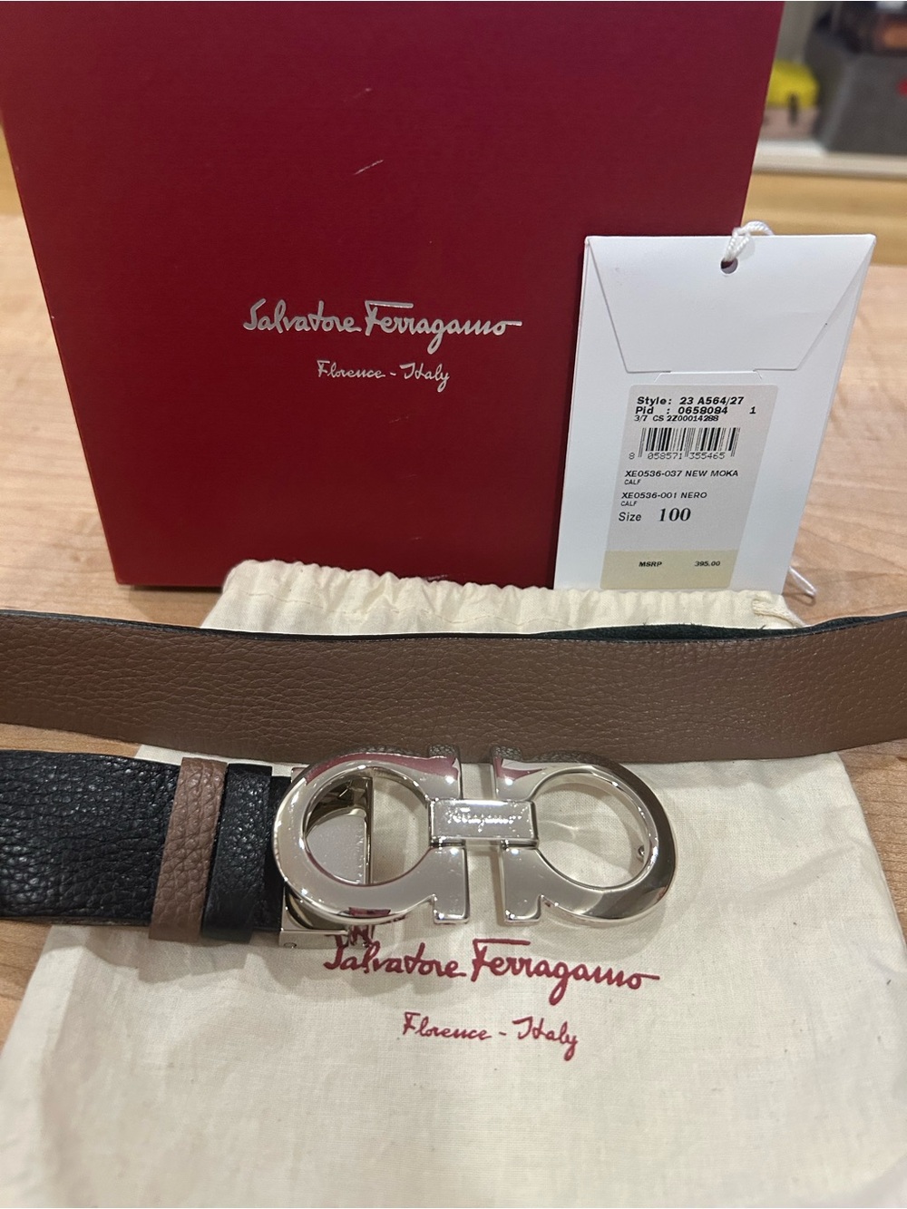 Salvatore Ferragamo Reversible Black/Brown Soft Leather Gancini Buckle Belt